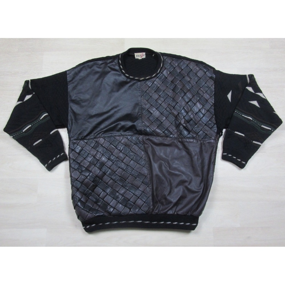 Vintage 80s Bagazio Sweater Mens (XXL) Patchwork‎ Leather Basketweave Wool Blend